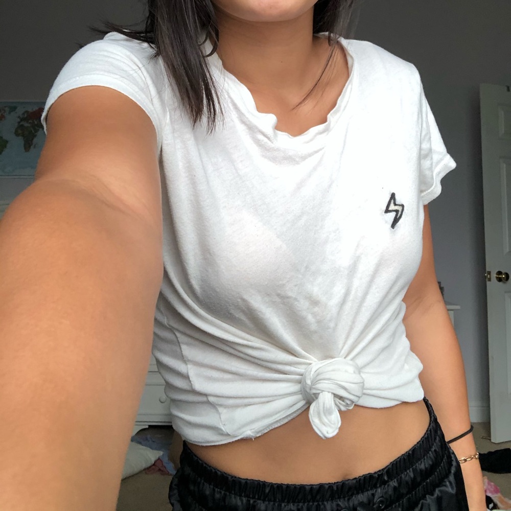 White brandy tshirt w lightning bolt embroidered